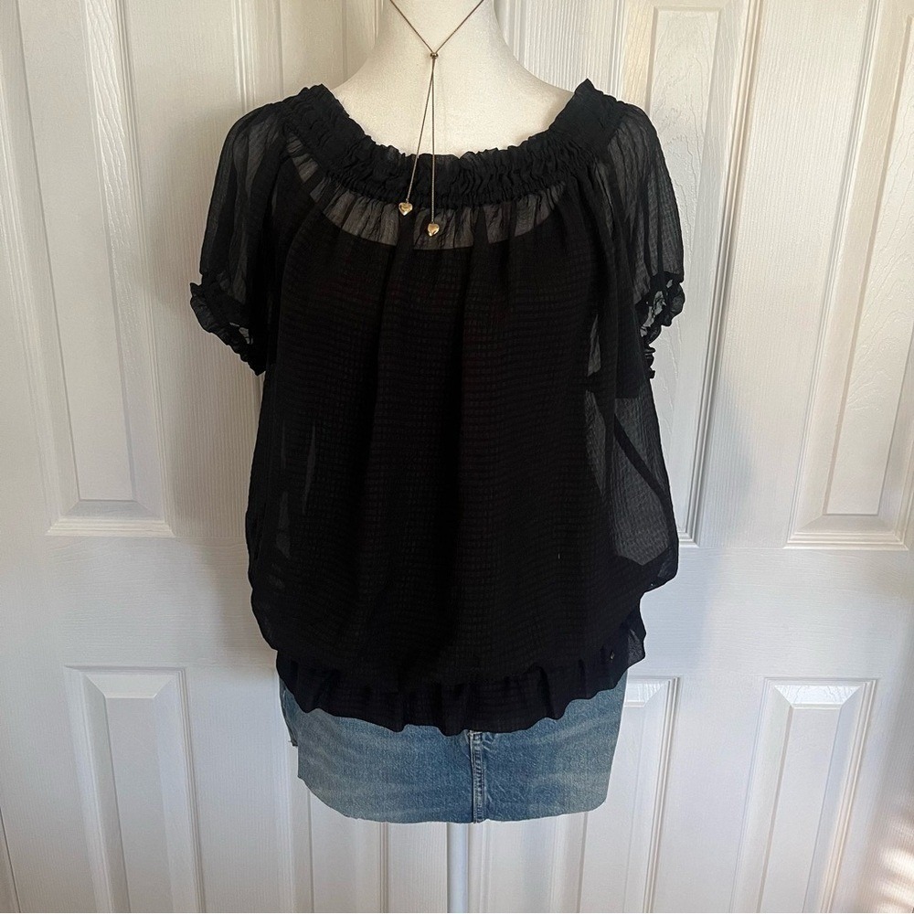 Guess Black Sheer Smocked Off Shoulder Open Back Blouse W22H35W2IM0 Medium